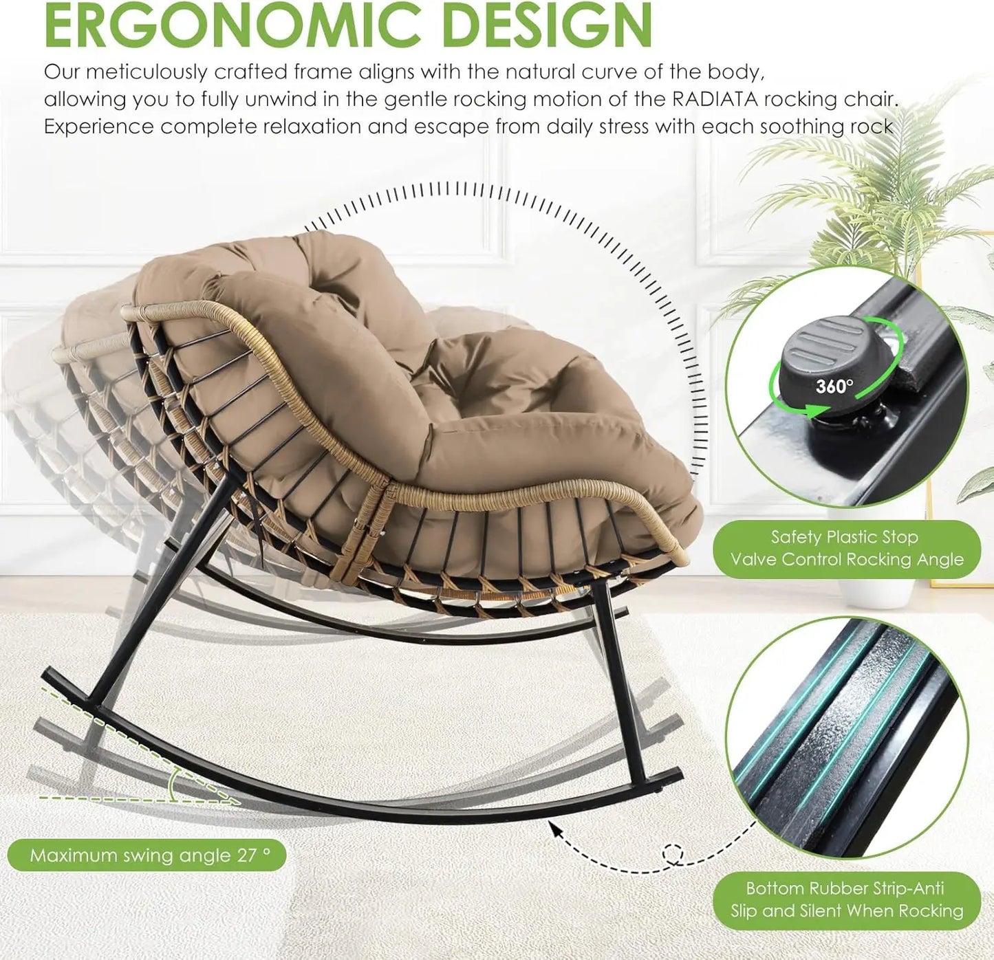 Oversized Rocking Egg Chair with Water Resistant Cushion for Indoor Outdoor Use