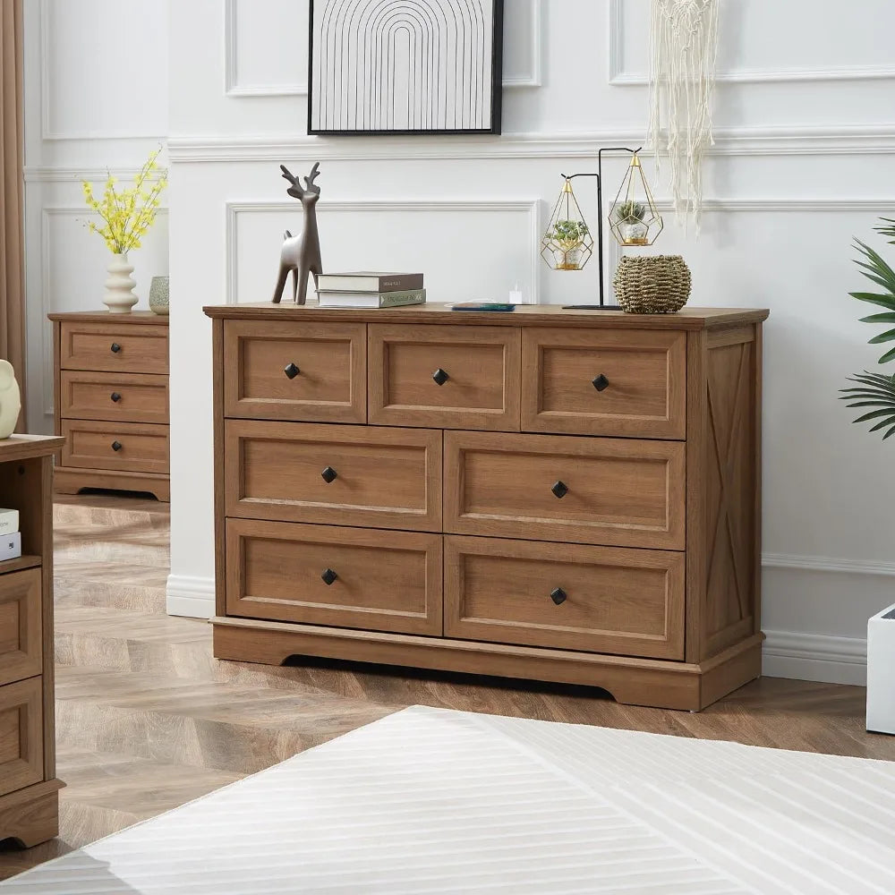 7 Drawer Farmhouse Dresser Chest with Charging Station for Modern Bedrooms