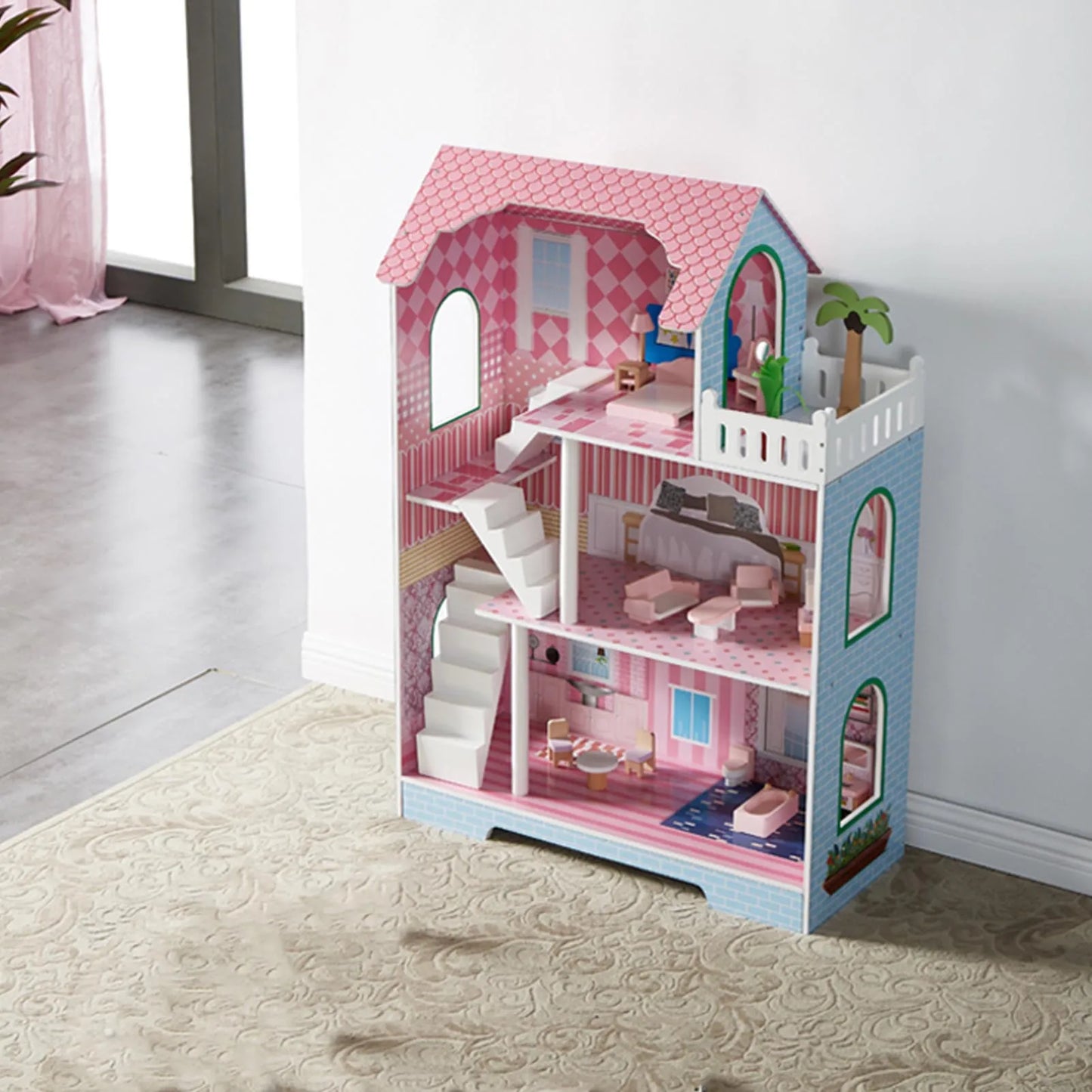 Three Tier Wooden Dollhouse With Furniture Playset For Kids