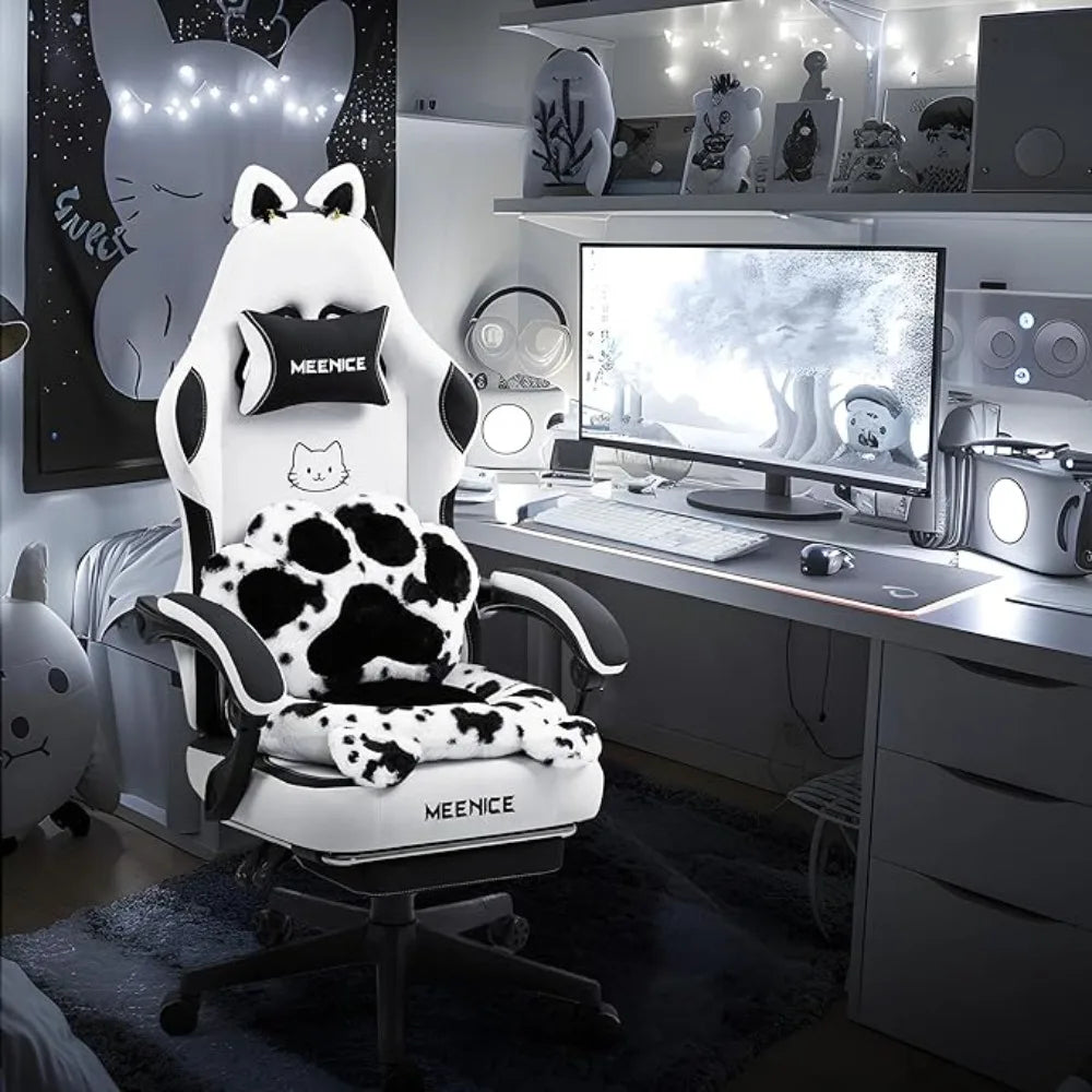 Cute Cat Ears Gaming Chair with Footrest Ergonomic Reclining Computer Chair