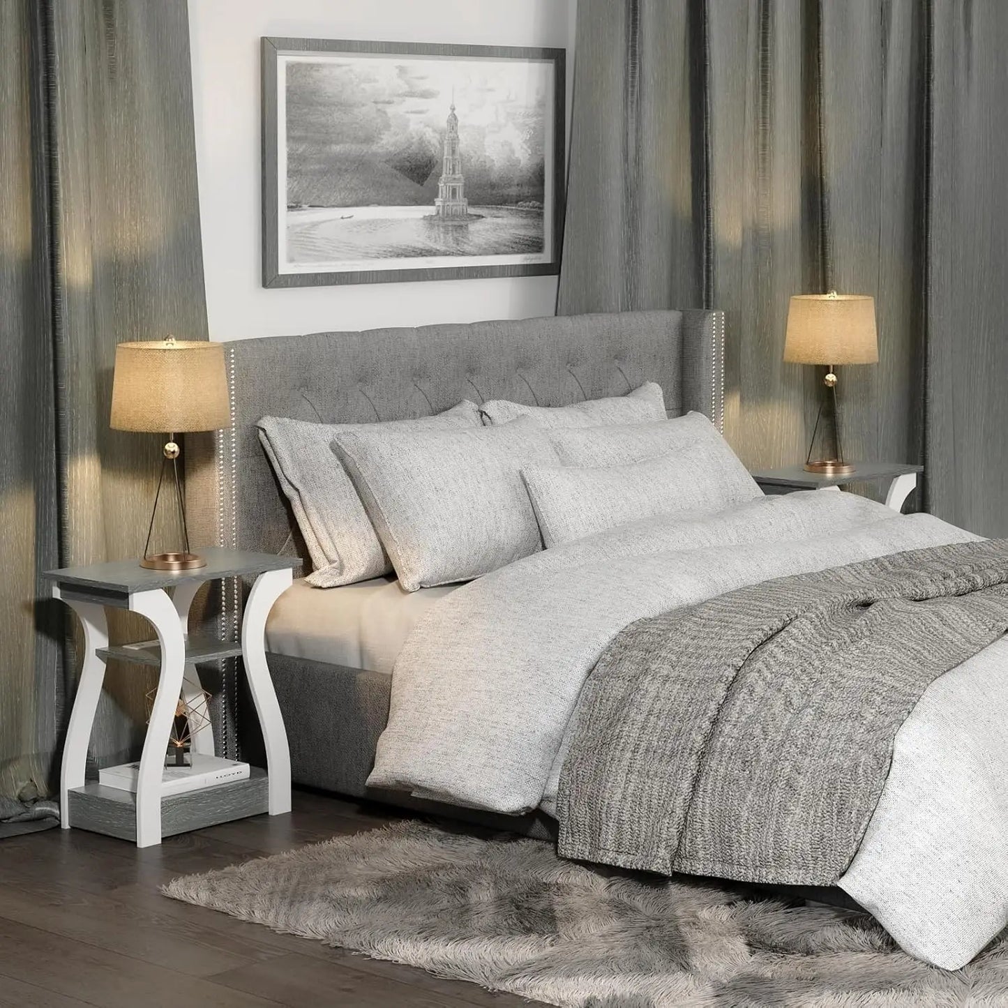 End Table Charging Station 3 Tier Nightstand Home Use