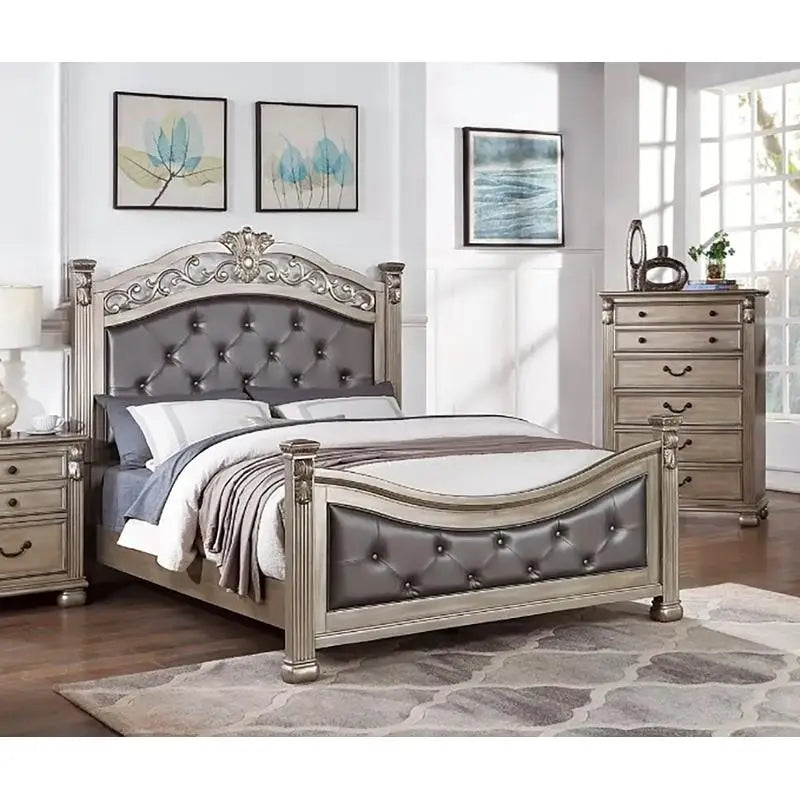 California King Bed With Tufted Faux Leather Headboard
