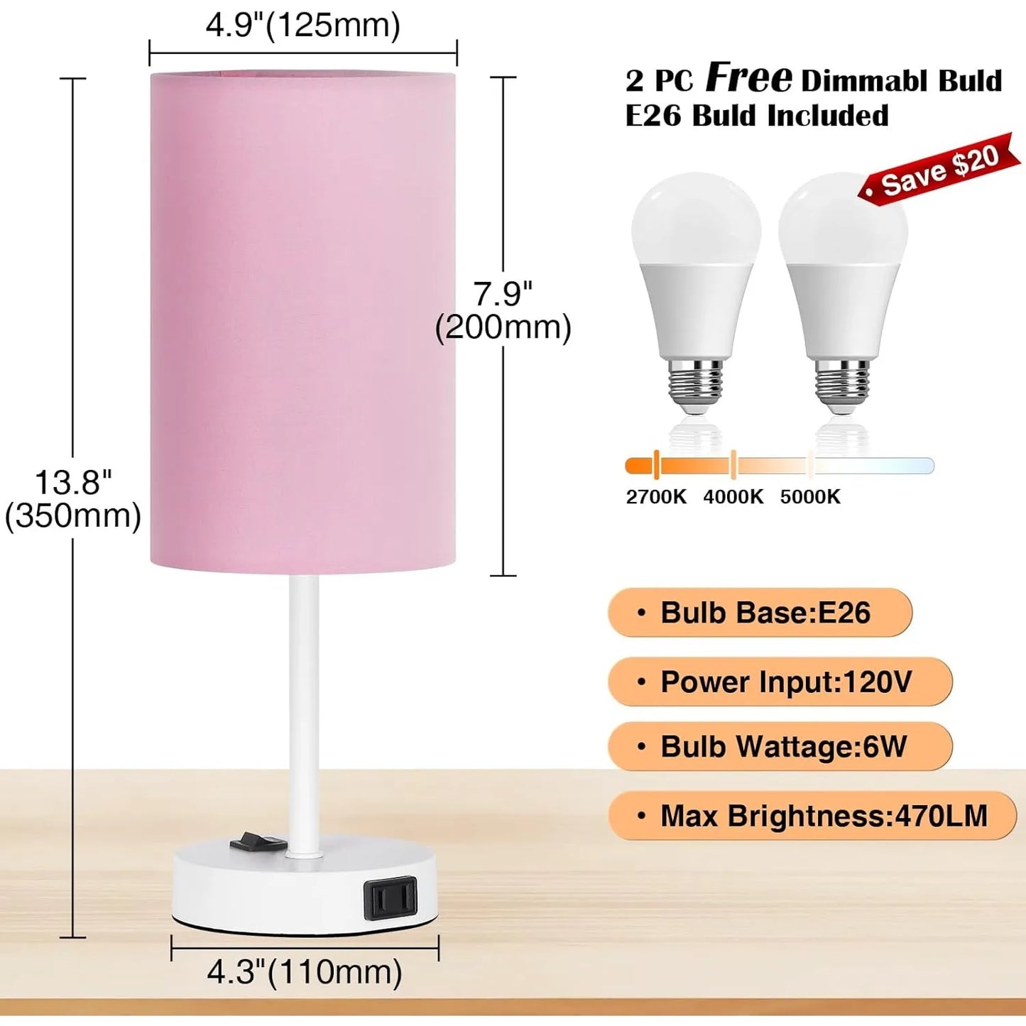 Pink Fabric Shade Nightstand Desk Lamp with White Base for Home Decor