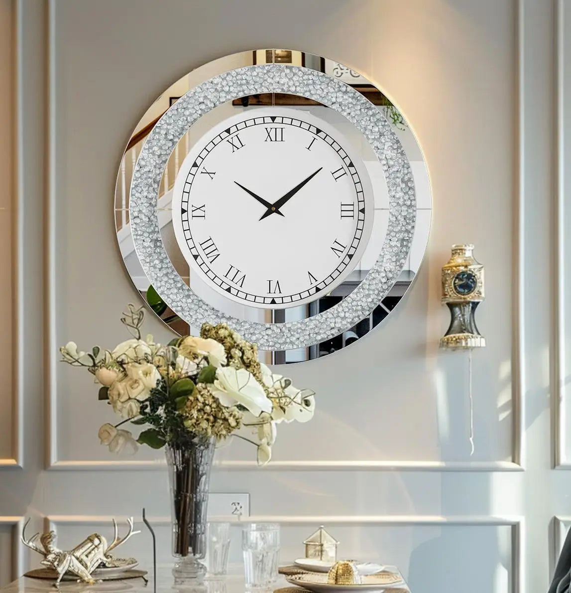 Glam Sparkle Mirrored Wall Clock For Modern Home Decor
