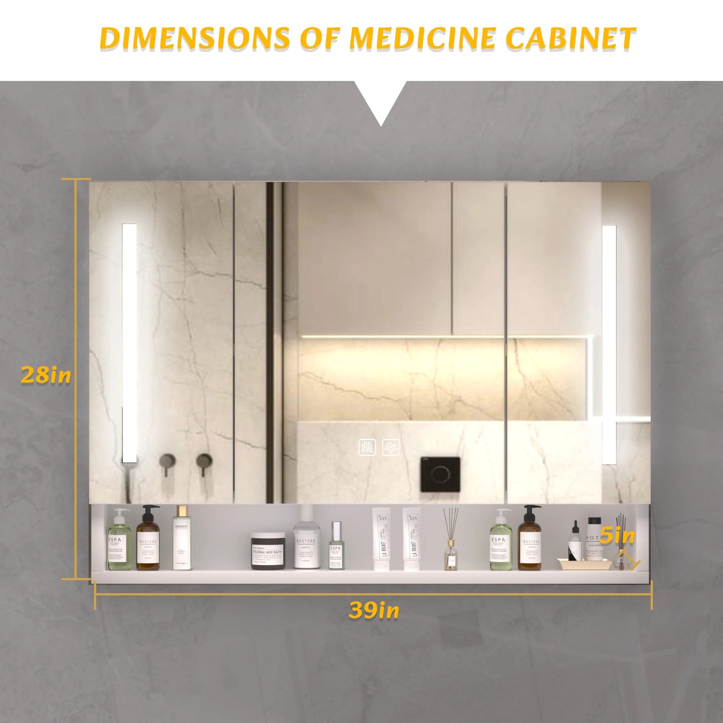 Modern 39x28 Inch Bathroom Cabinet with Mirror LED Lights and Storage Compartments