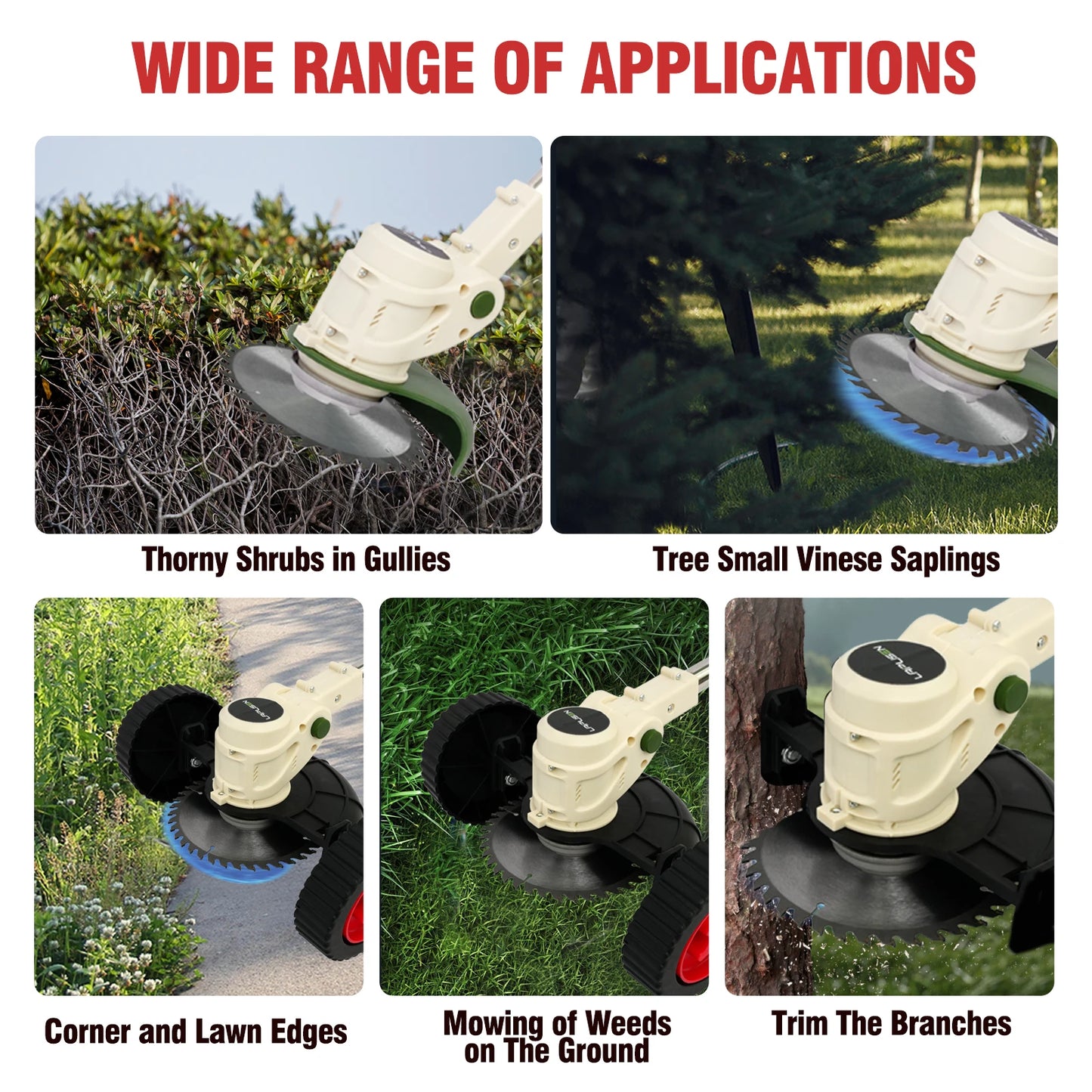 Cordless Electric Grass Trimmer with 21V Battery and Auxiliary Wheels for Garden
