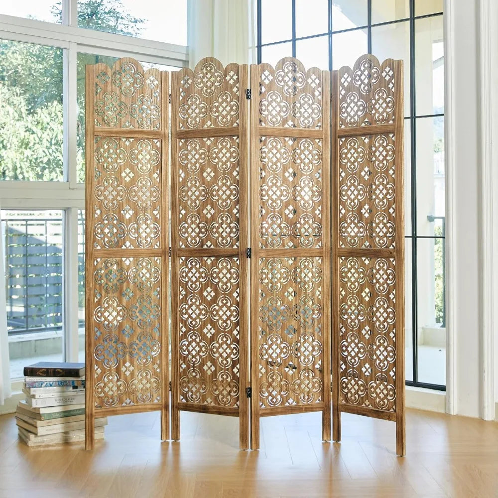 Folding Room Divider Four Panel Wood Carved Privacy Screen