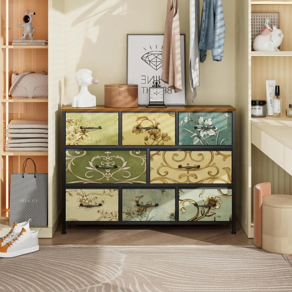 Vintage 8 Drawer Fabric Dresser Chest for Bedroom Living Room and Nursery