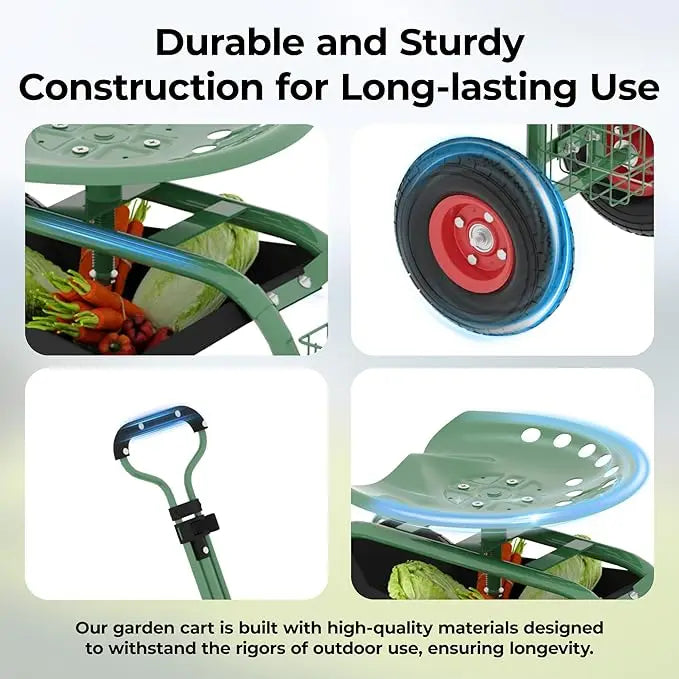 Garden Rolling Stool With Wheels Steering Handle 360 Swivel