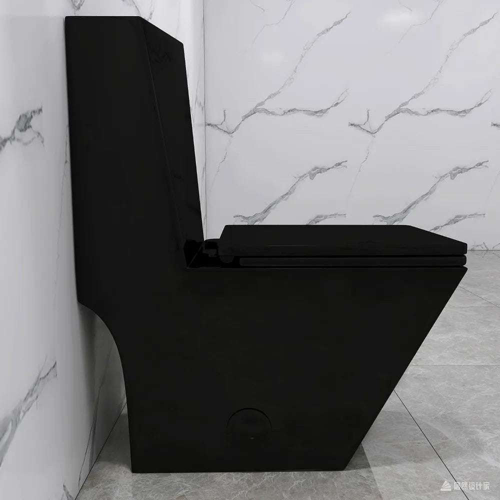 Modern Black One Piece Square Toilet with Gold Button and Diamond Design