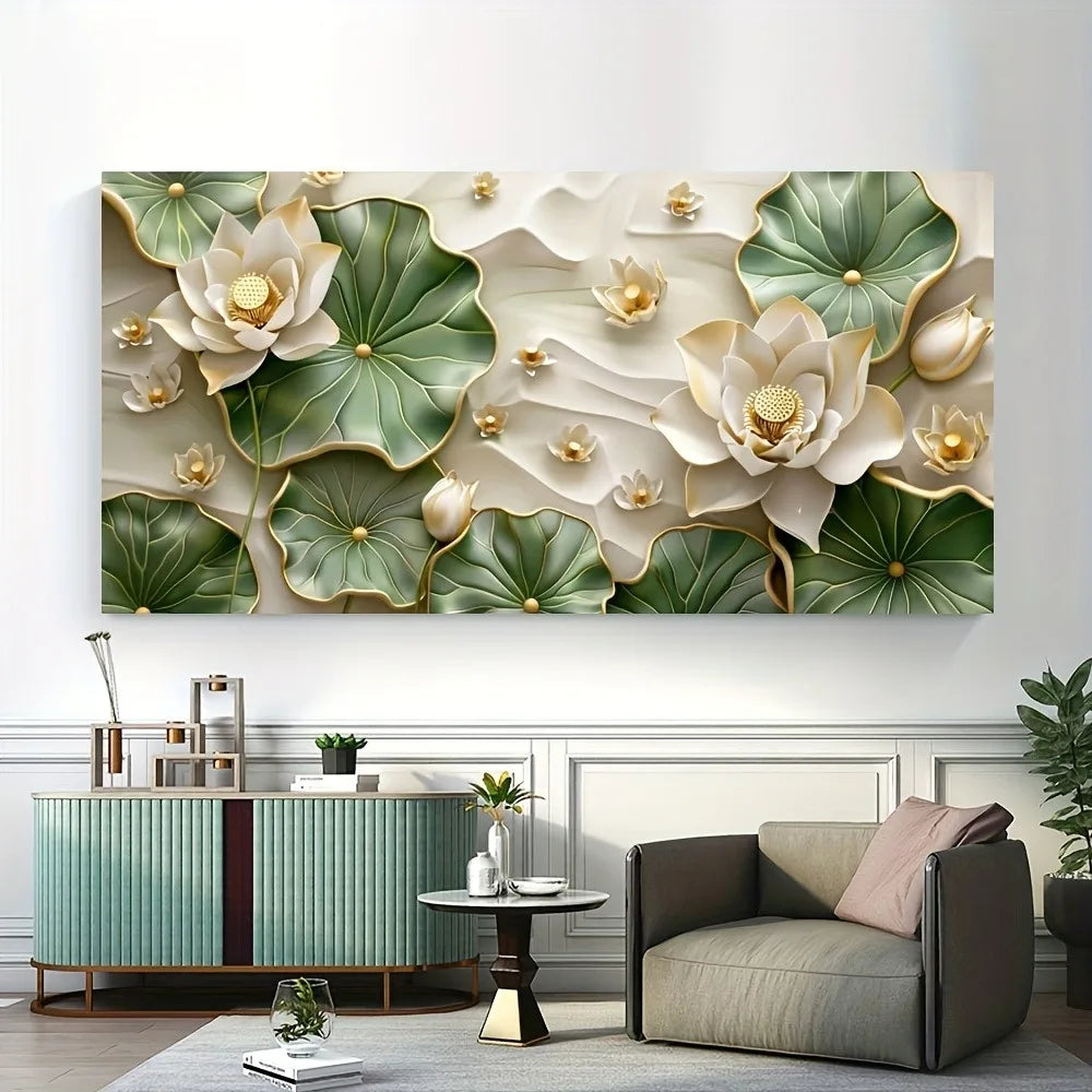 Modern Abstract Lotus Leaf Canvas Art with Pine Wood Frame for Home Decor