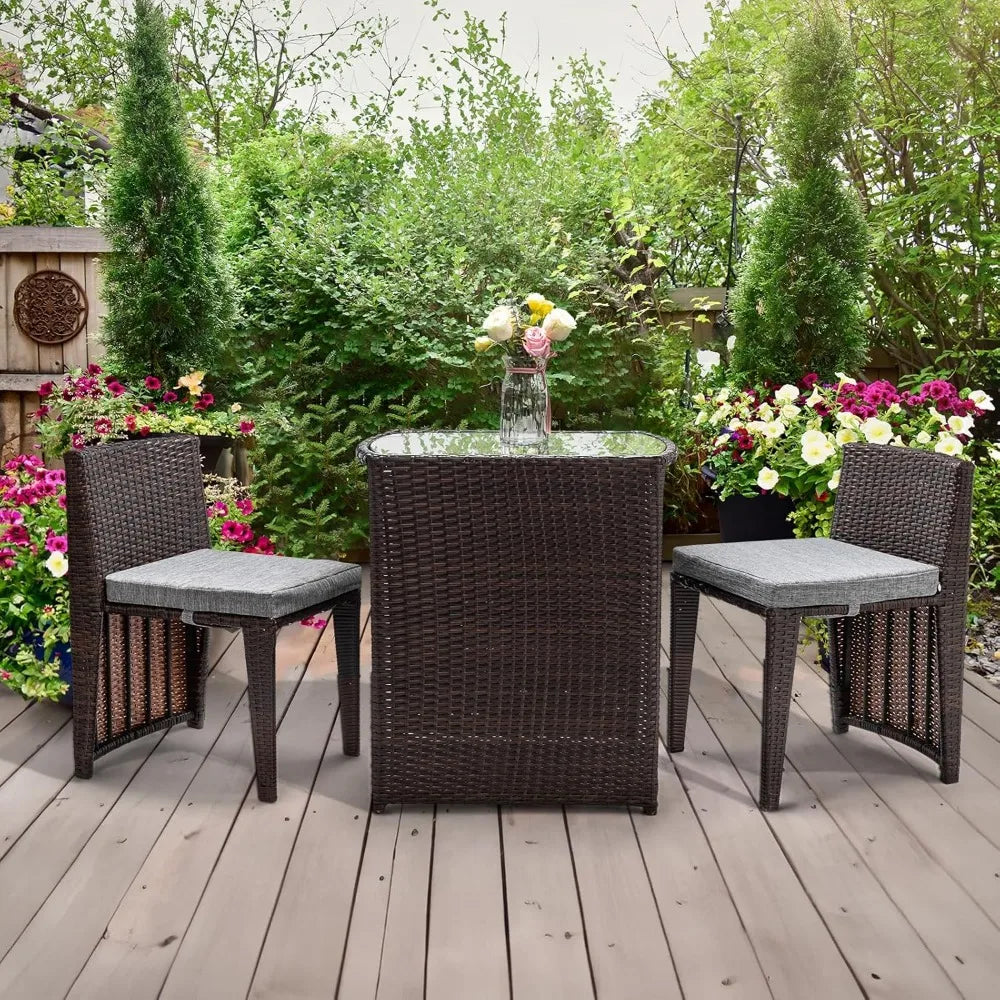 Wicker Outdoor Patio Bistro Set With Glass Table Top