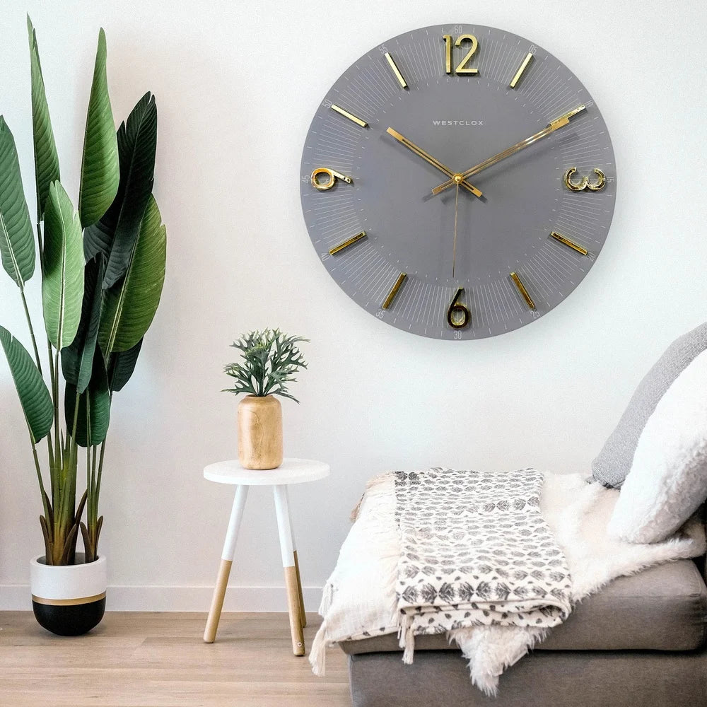 Contemporary 16 Inch Gray Analog Wall Clock with Gold Numbers for Home Decor