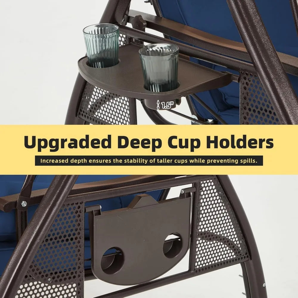 3 Person Outdoor Porch Swing Bed with Adjustable Canopy and Deep Cup Holder