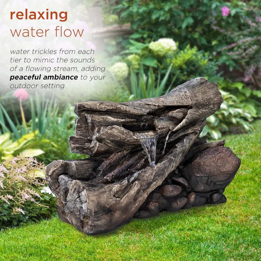 4 Inch 2 Story Tree Trunk Fountain with LED Lights for Gardens and Courtyards