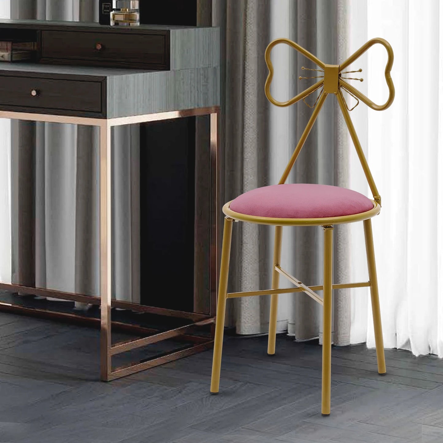 Luxury Minimalist Makeup Vanity Stool with Velvet Cushion in Deep Pink