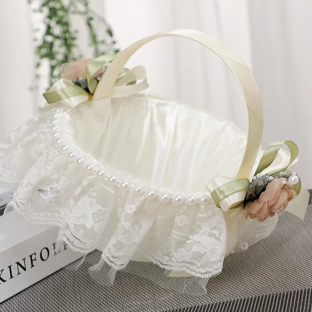 Romantic Wedding Flower Girl Basket With Lace Pearl Decor