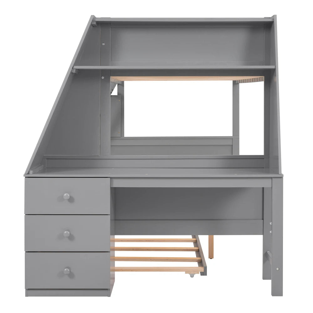 Modern Pine Wood Bunk Bed With Trundle And Built In Desk