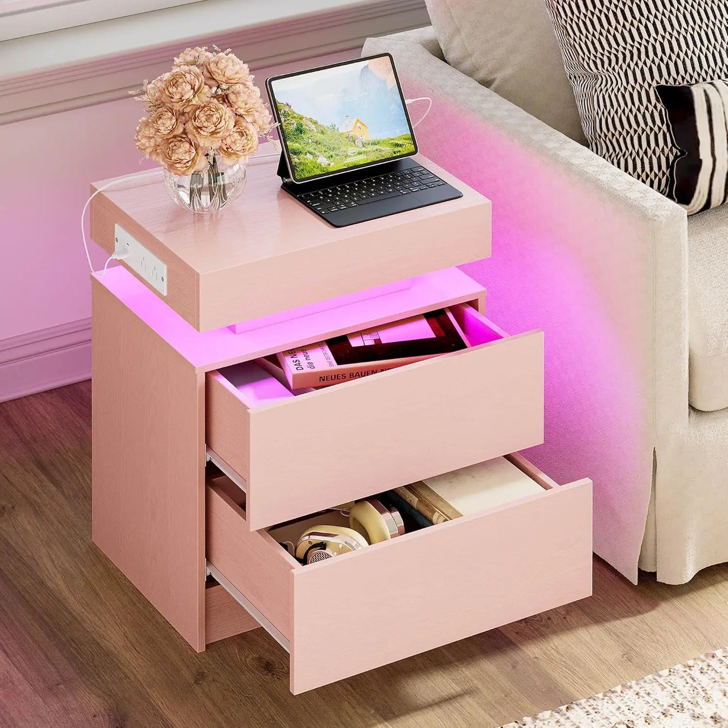LIKIMIO Nightstand With Charging Station Modern LED Drawers