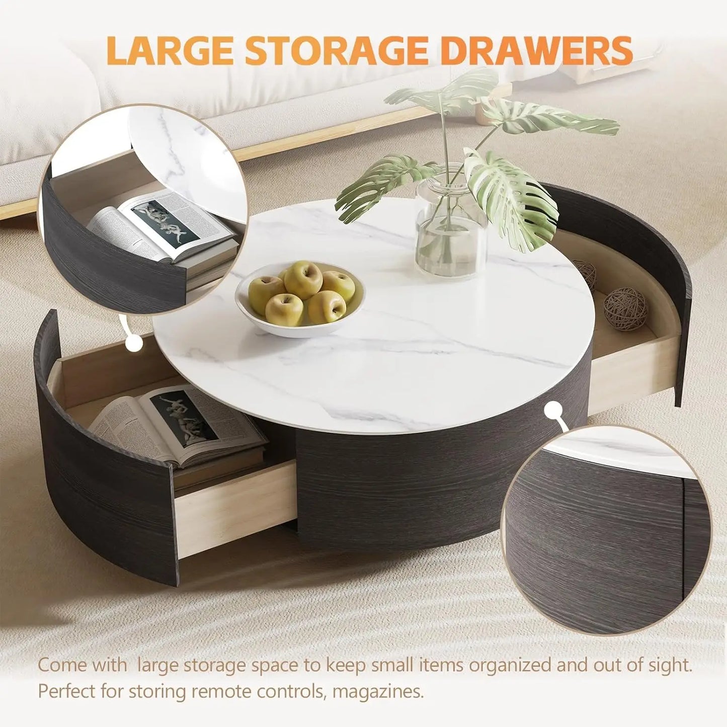 Modern Round Marble Coffee Table with Drawers and Sintered Stone Top