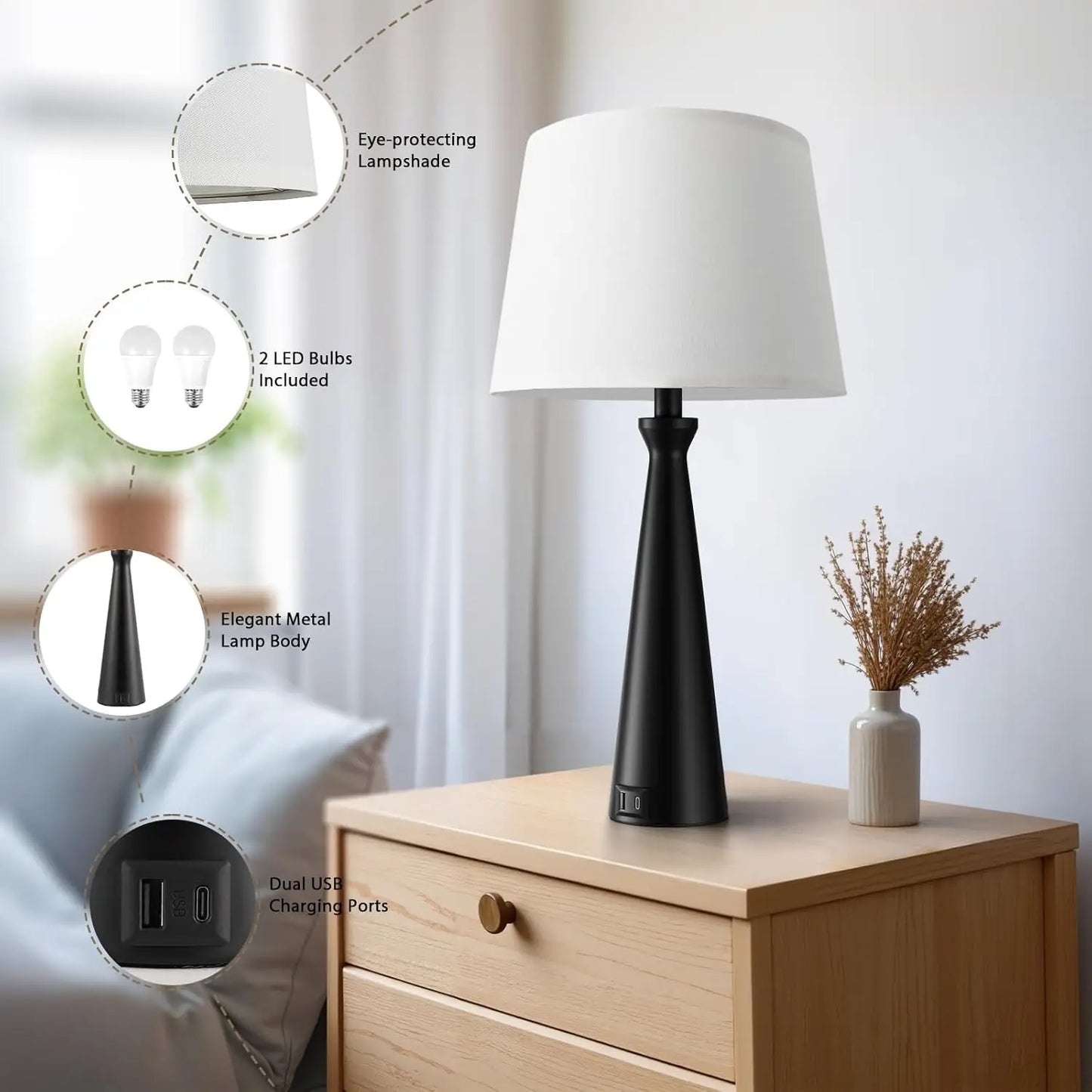 Modern Table Lamps Set of 2 With Touch Three Way Dimmable USB C And USB A Ports