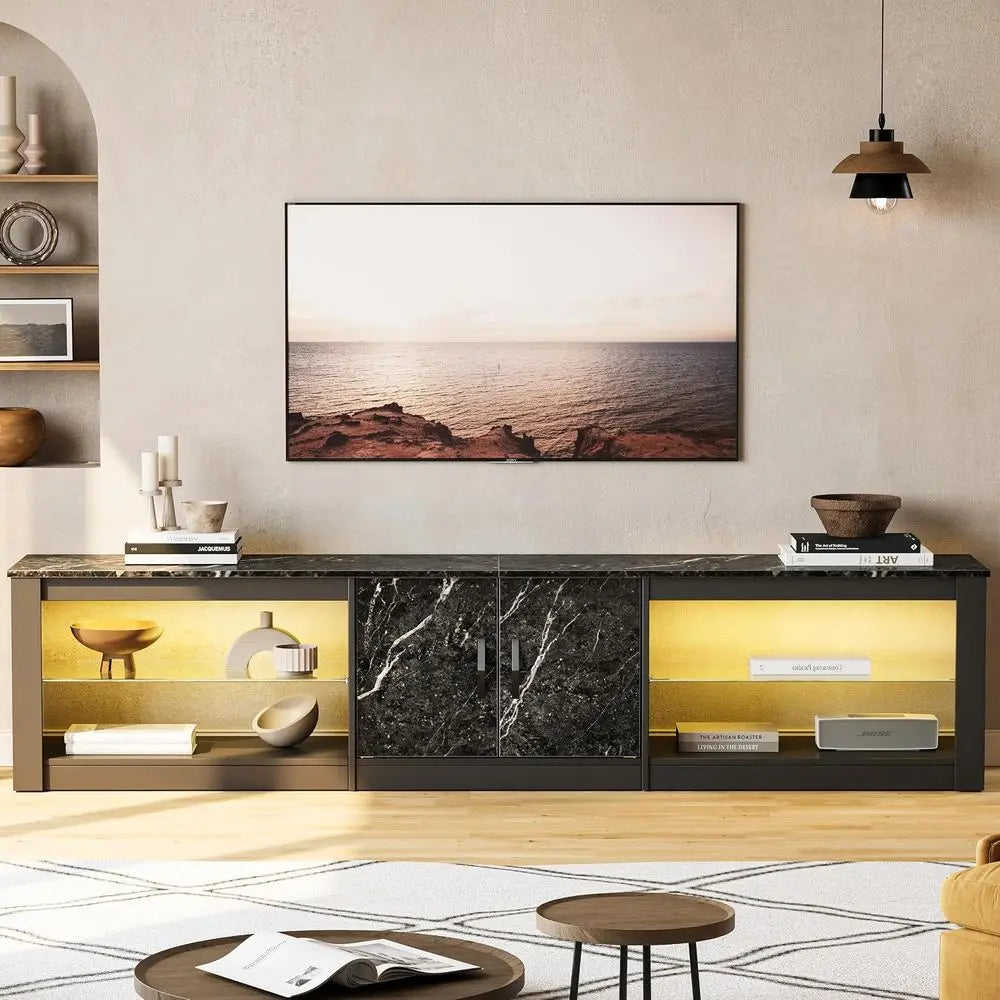 Modern TV Stand Entertainment Center with Adjustable Glass Shelves