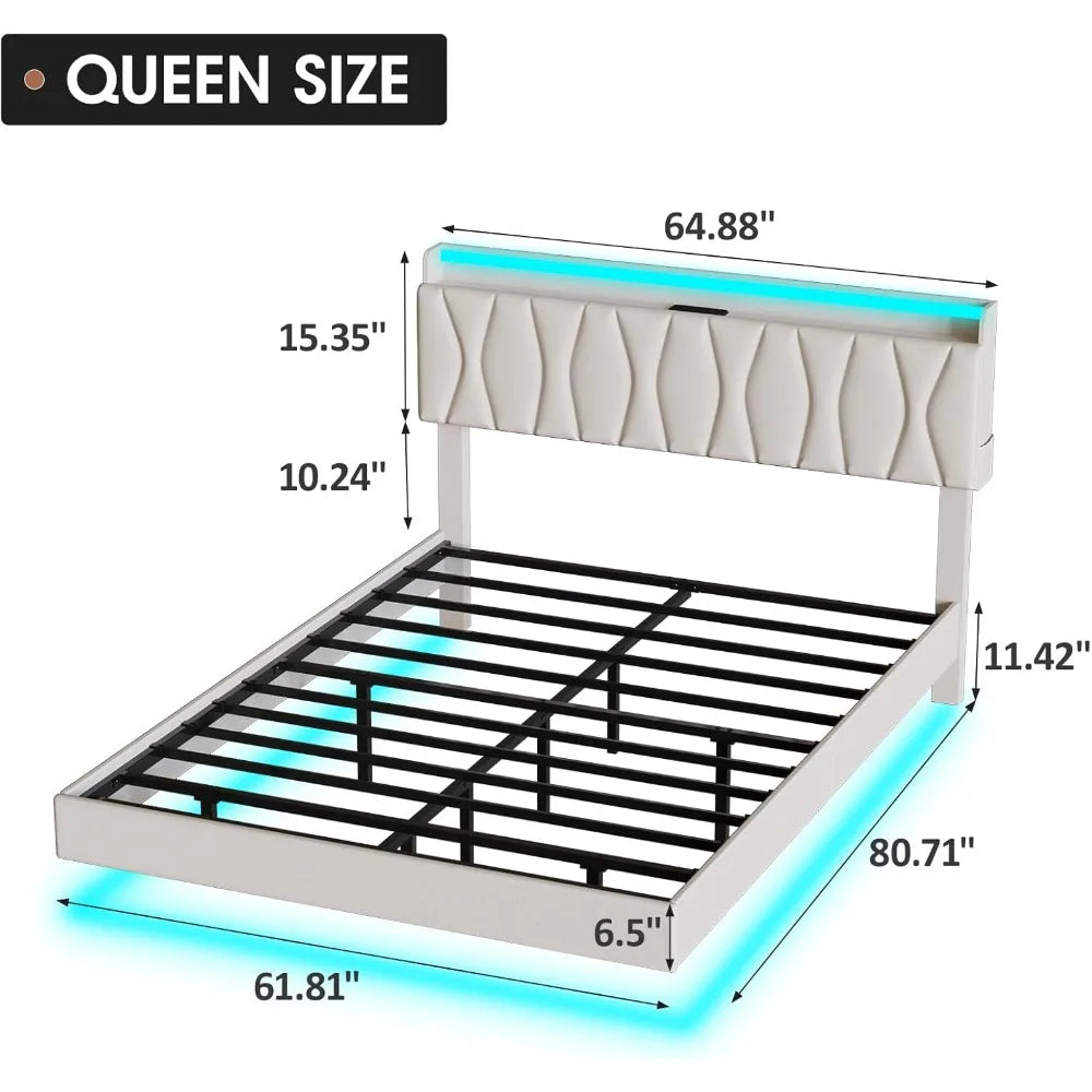 Guangbai Floating Bed Frame Storage Headboard Led Lights