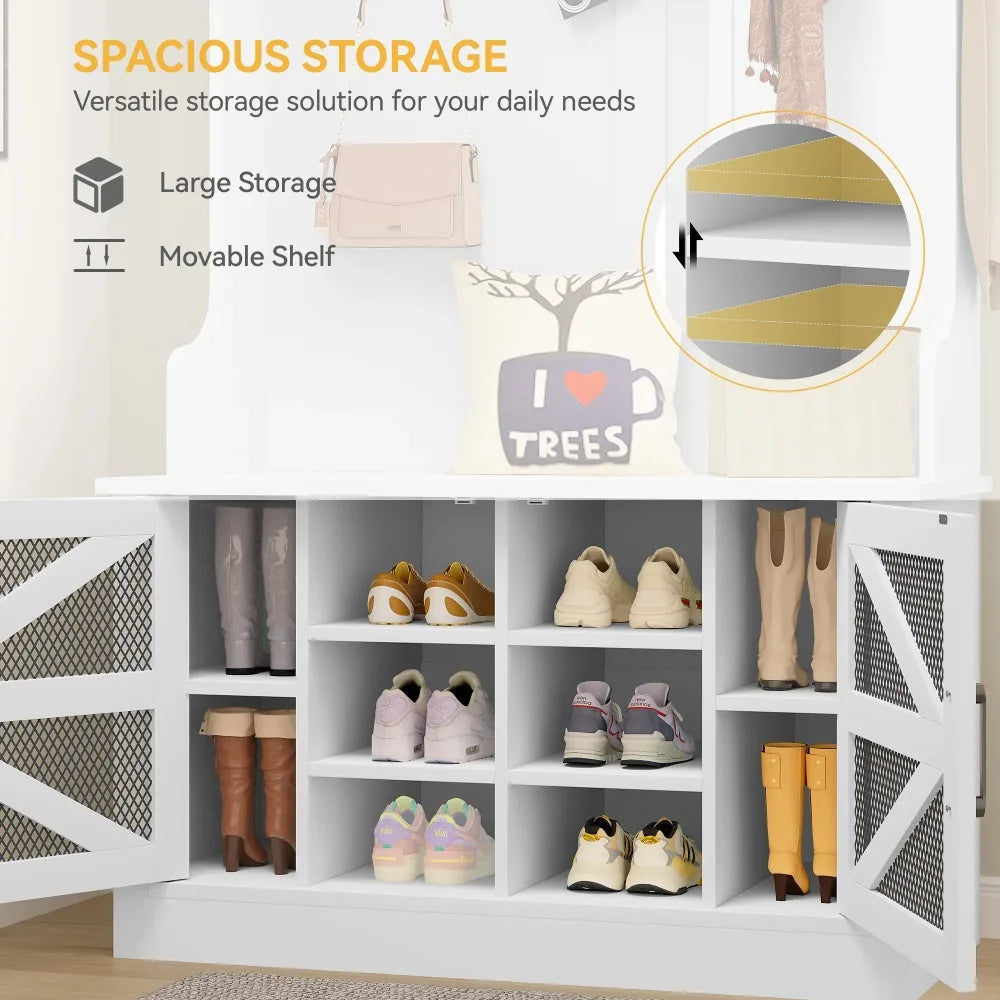 Farmhouse Hall Tree with Coat Hooks and Storage Bench for Entryway in White