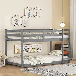 Low Bunk Beds Twin XL Over Queen with Ladder and Guardrail for Kids