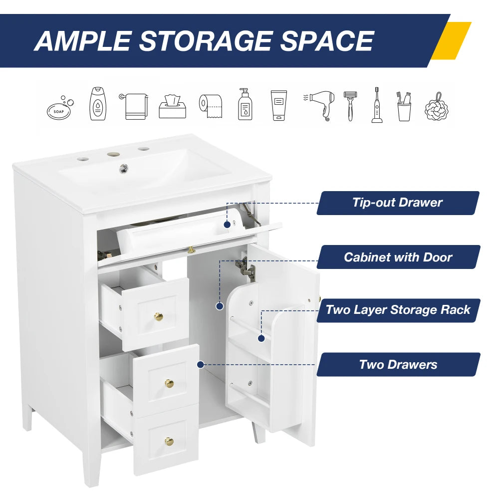 Modern White Bathroom Vanity With Ceramic Sink And Metal Handles