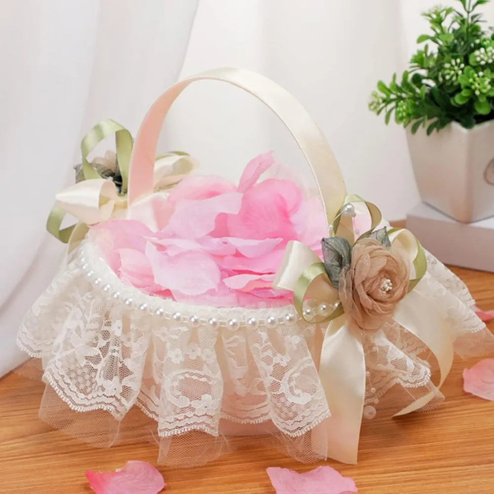 Romantic Wedding Flower Girl Basket With Lace Pearl Decor