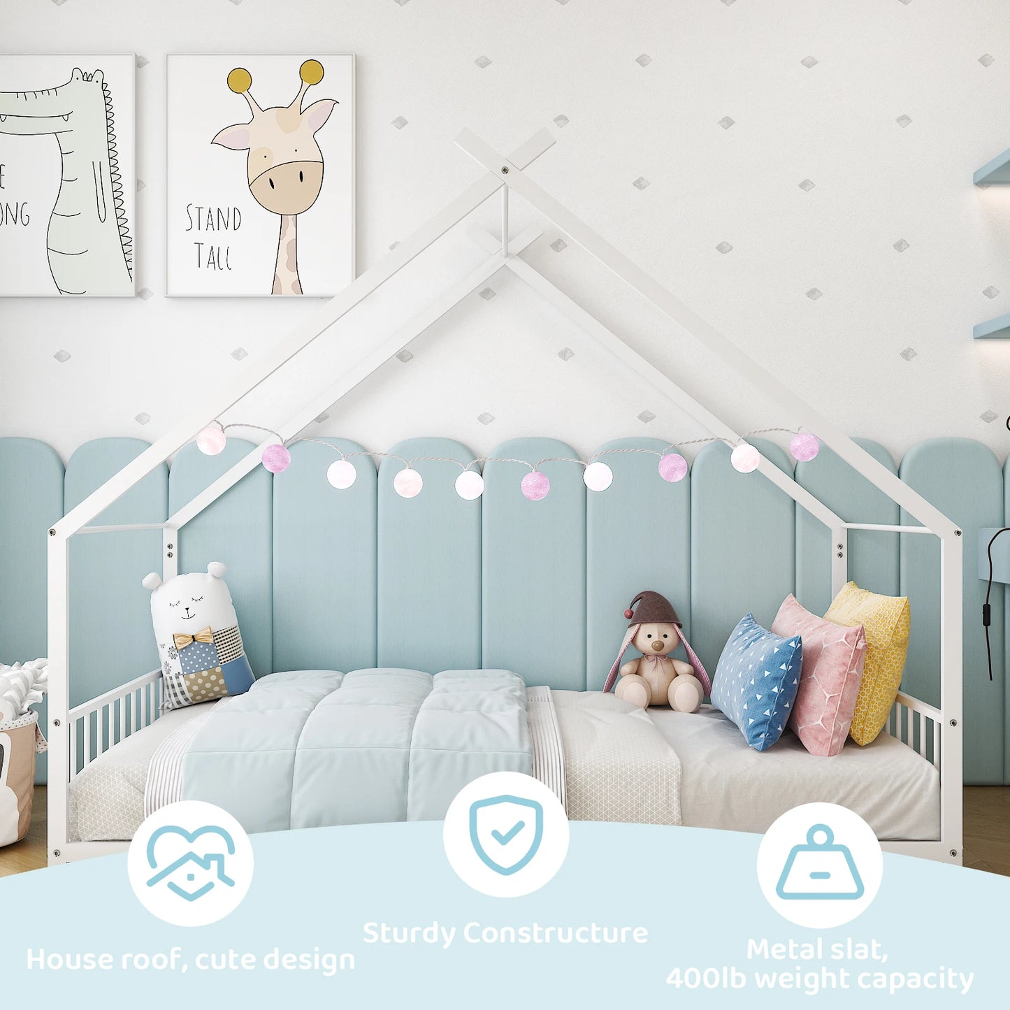 Hign-concerned White Flat Bed House Shape Twin Iron Bed