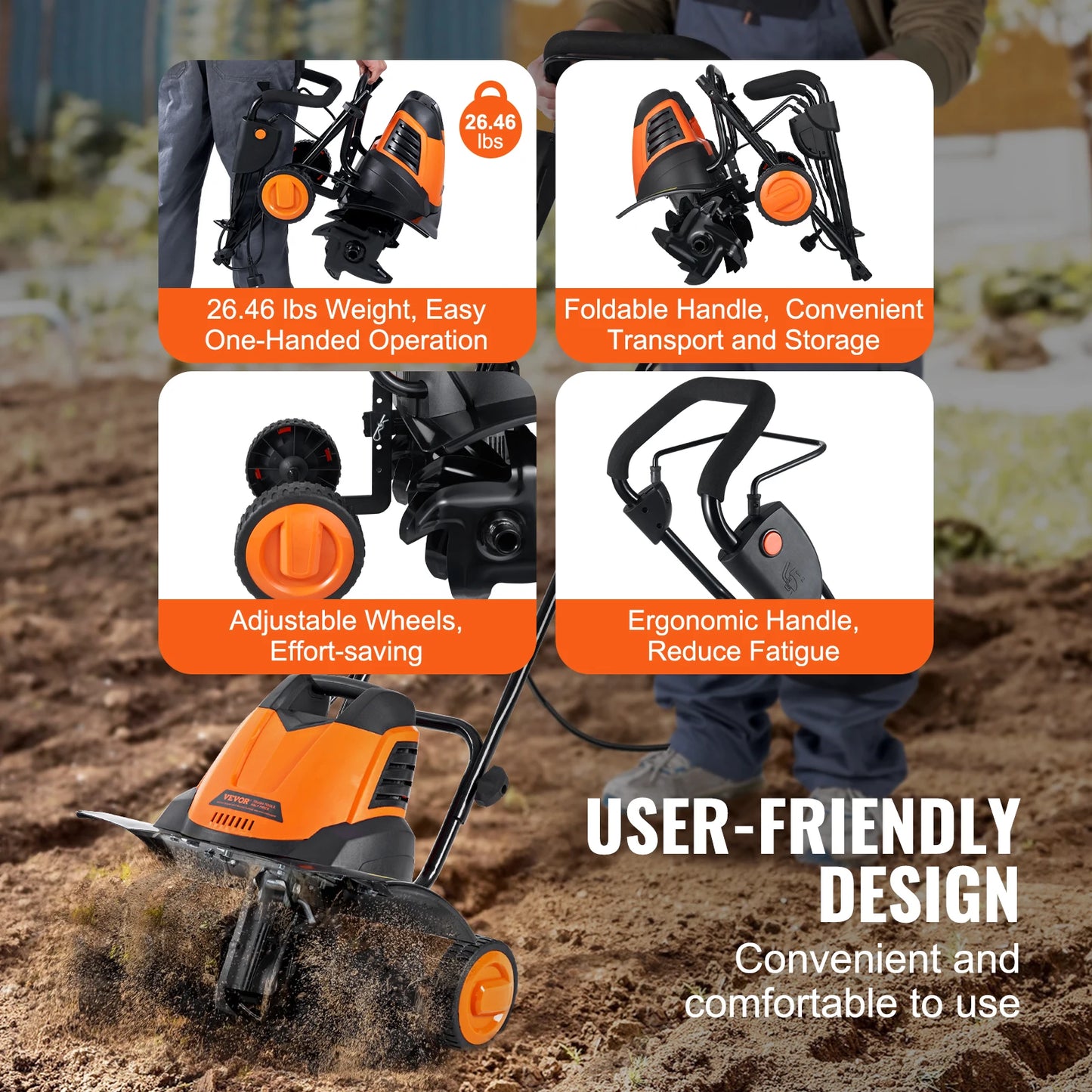 VEVOR 12 Amp Electric Tiller 18 Inch Tilling Width Corded Cultivator Machine
