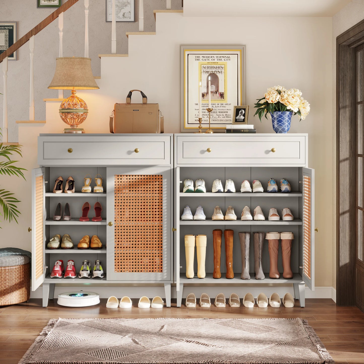Tribesigns Mint Green Rattan Shoe Cabinet with Doors and Drawer for Entryway