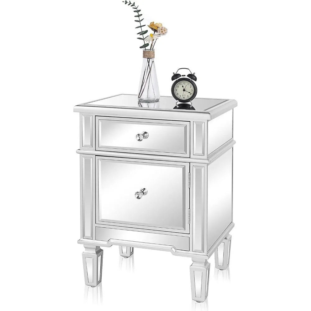 Modern Mirrored Nightstand Bedside Table With Drawer And Cabinet
