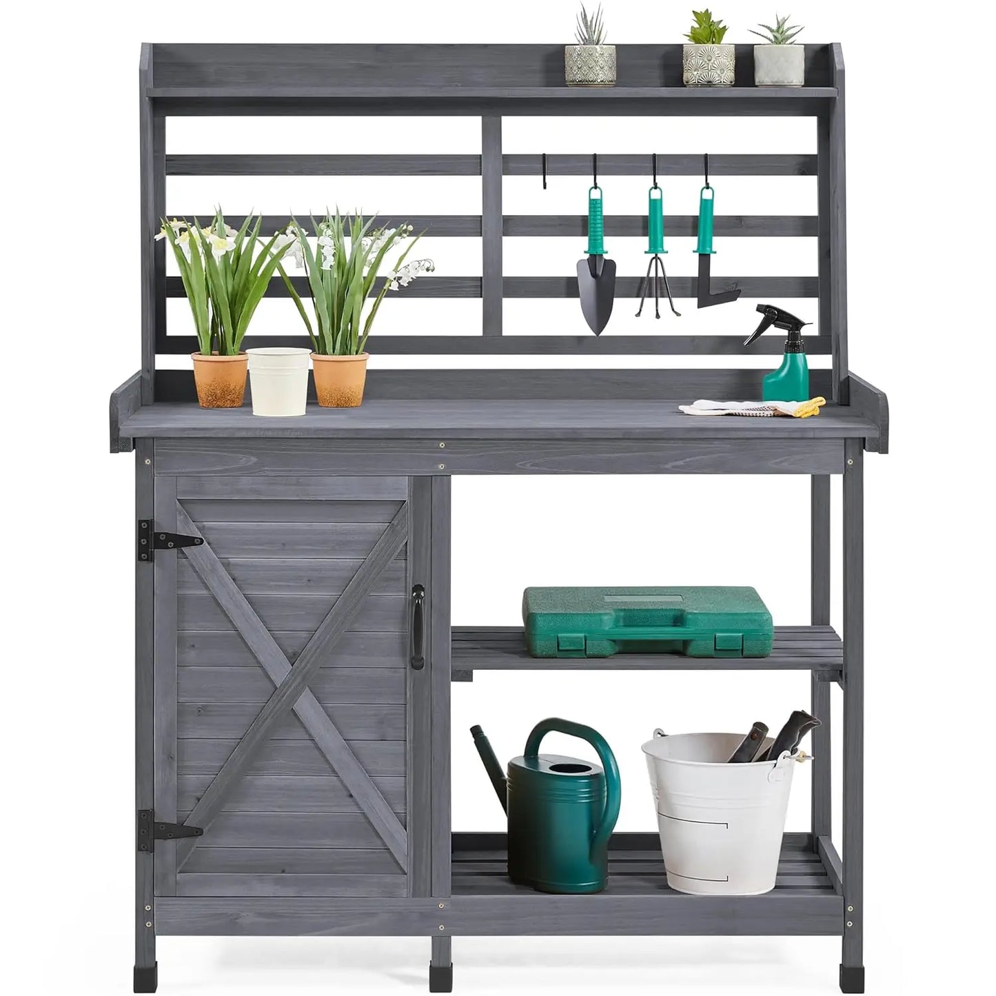 Outdoor Potting Bench Work Table With Storage Cabinet Shelf