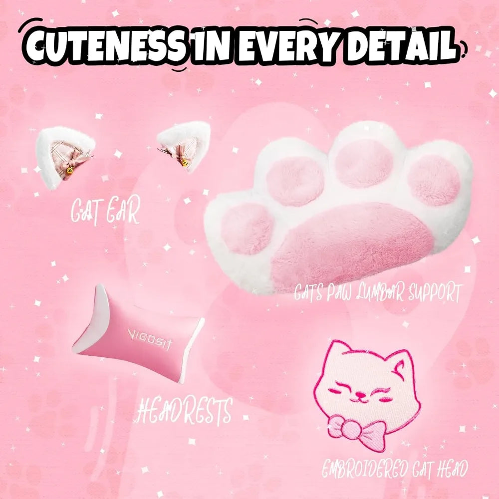 Pink Gaming Chair with Cat Ears and Lumbar Cushion Ergonomic Design and Footrest