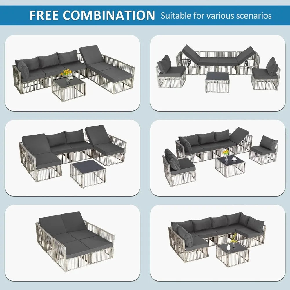 7 Piece Outdoor Wicker Patio Furniture Set with Adjustable Backrest Grey Cushions