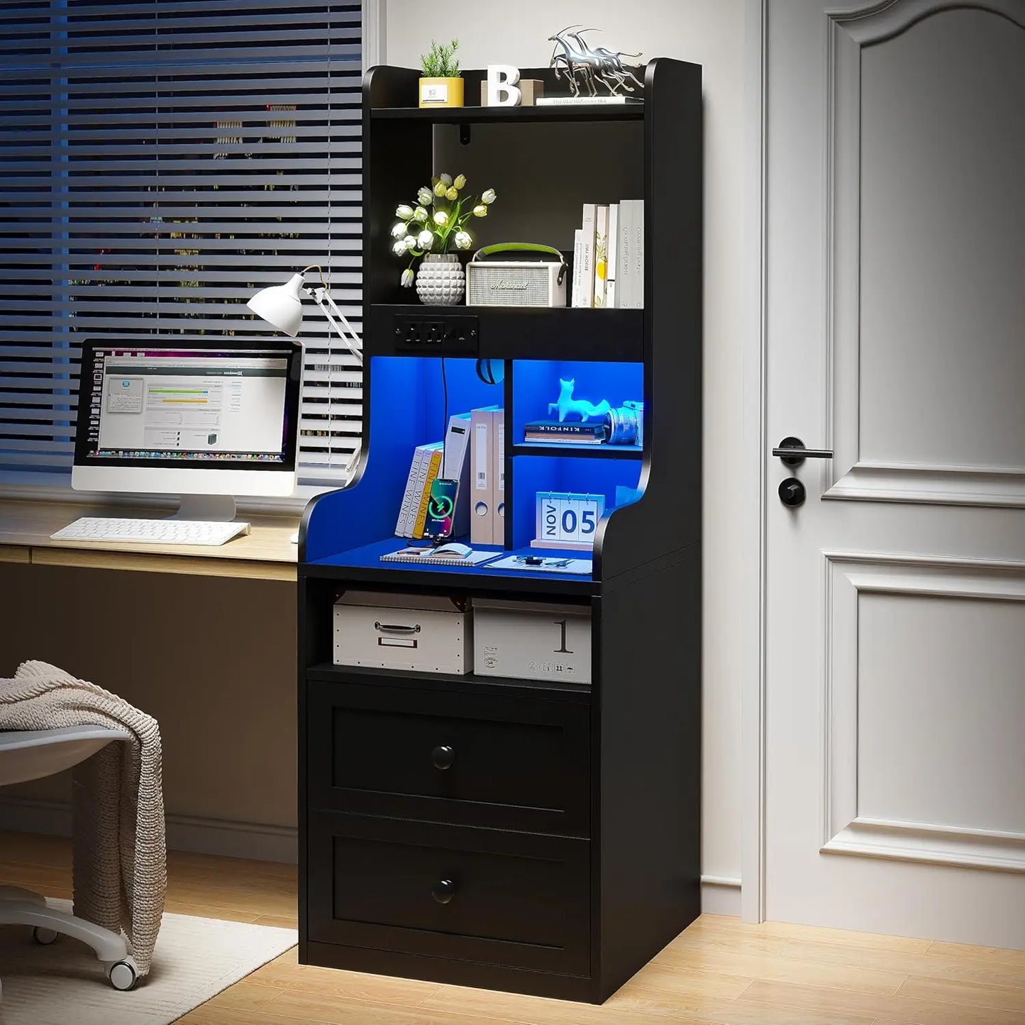 Tall Black Nightstand with LED Lights and Charging Station Two Drawer Design