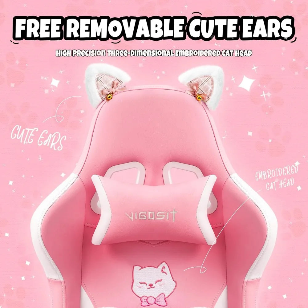Pink Gaming Chair with Cat Ears and Lumbar Cushion Ergonomic Design and Footrest