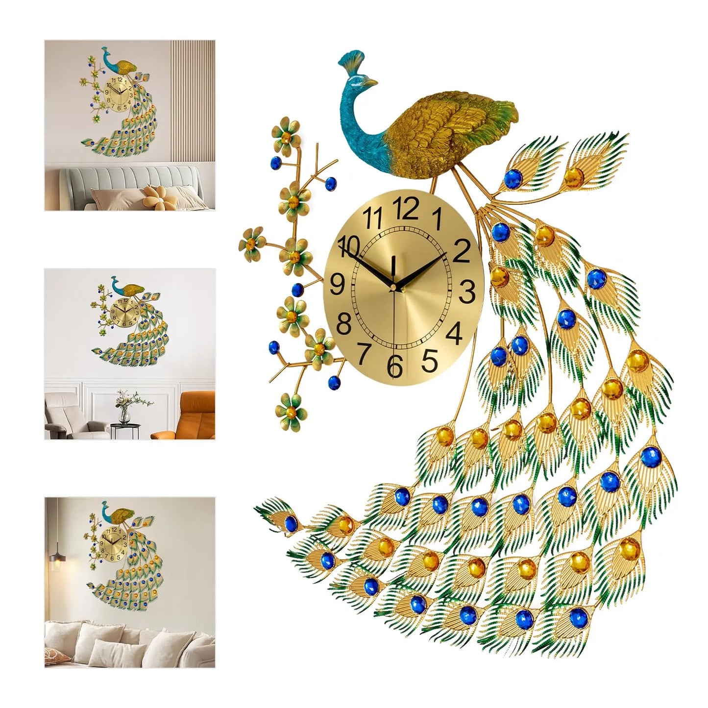 Feature Peacock Wall Clock Luxury Silent 3D Living Room