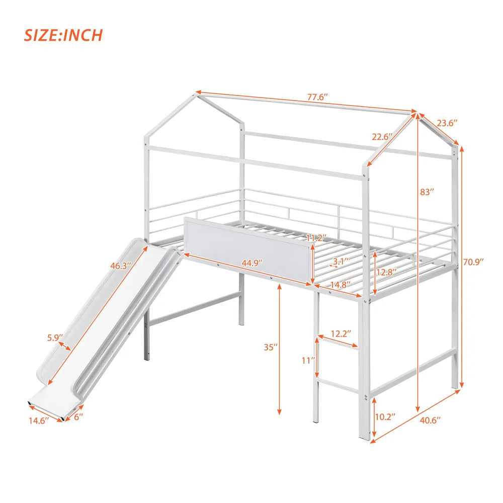 Premium Metal House Loft Bed Featuring Attached Slide