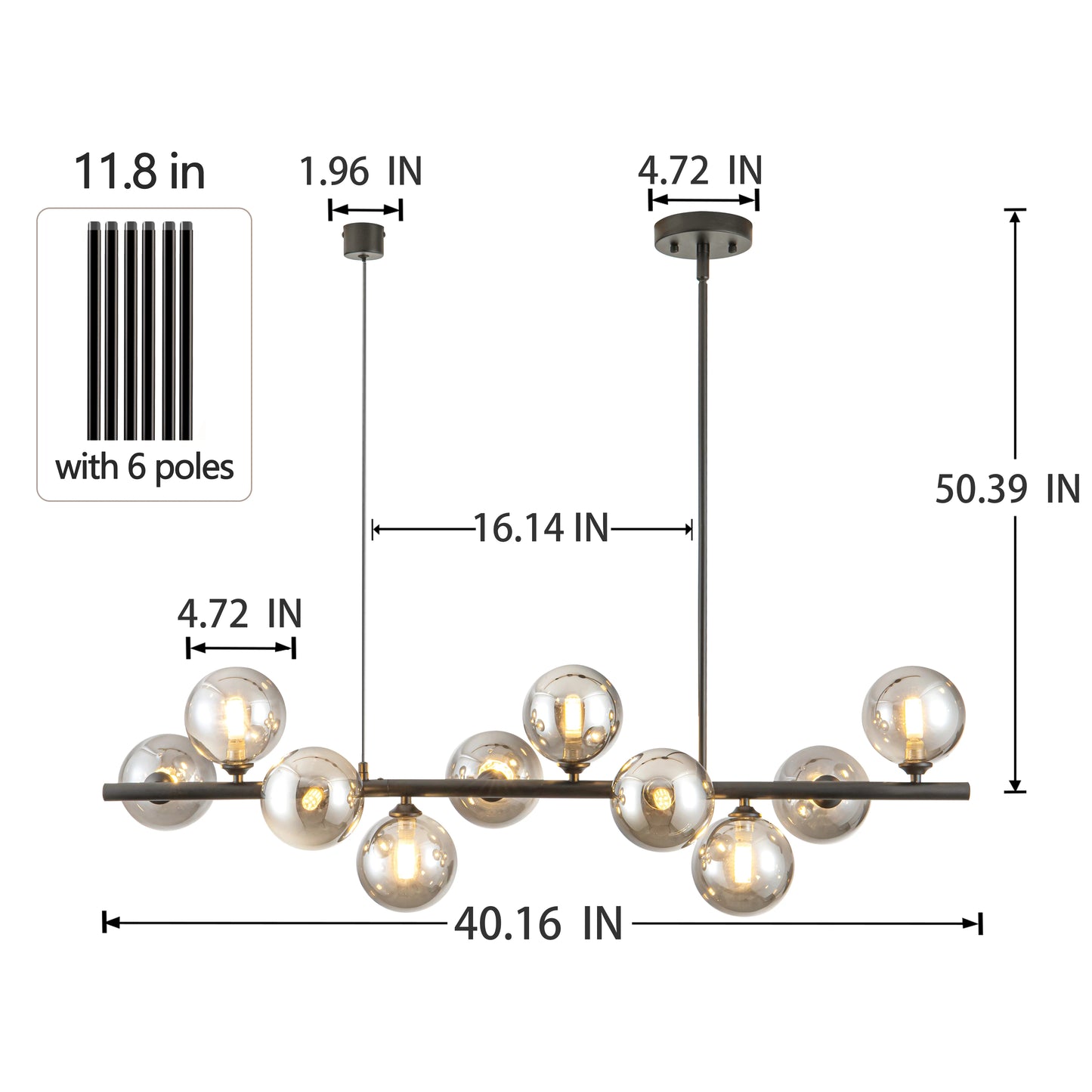 10 Light Linear Chandelier With Shades Mid Century