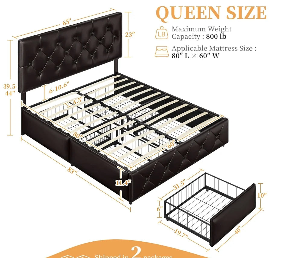 Queen Size Upholstered Bed Frame with Drawers and Adjustable Headboard