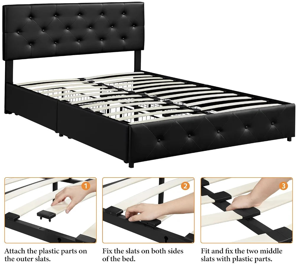 Queen Size Upholstered Bed Frame with Drawers and Adjustable Headboard