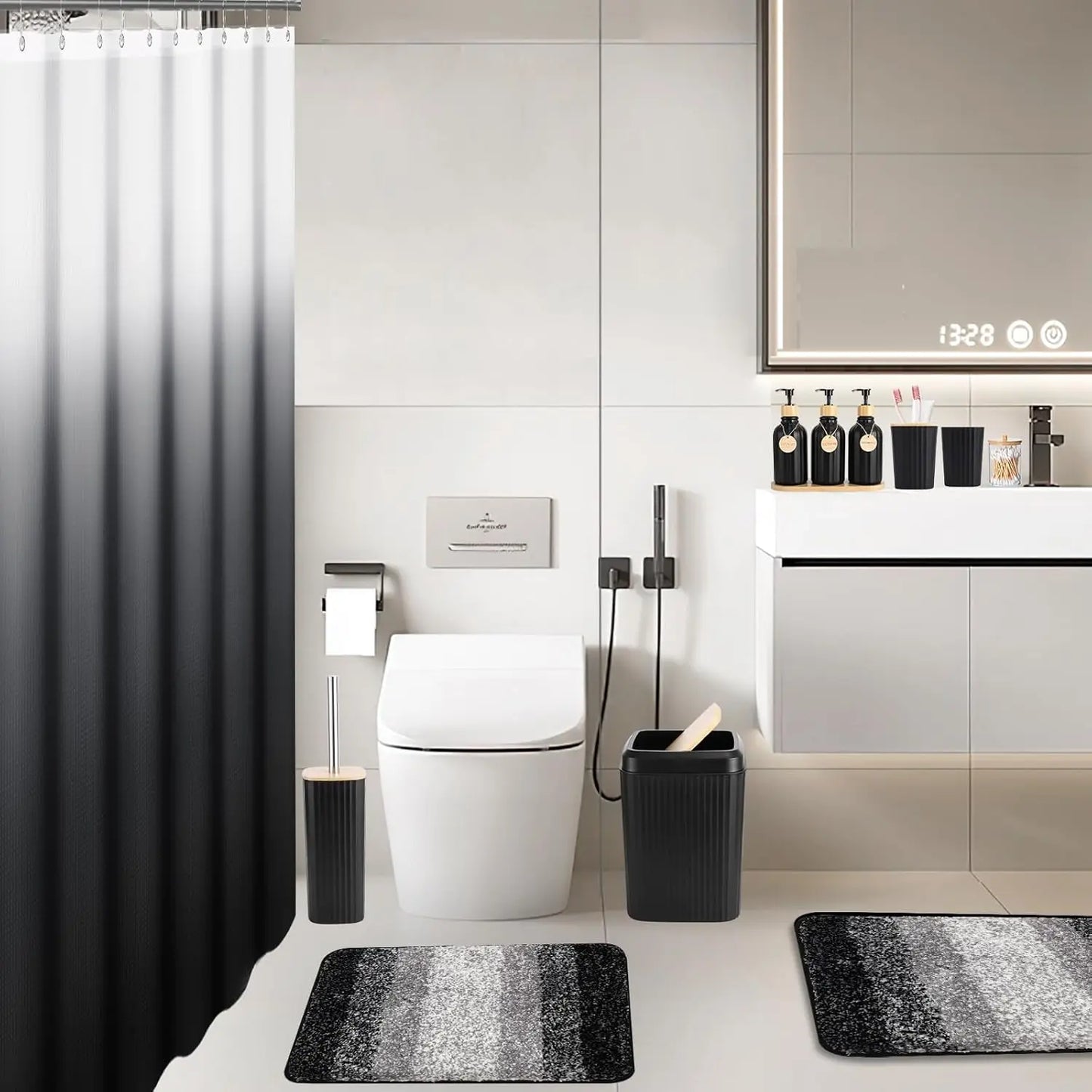 32PCS Black Bathroom Set with Shower Curtain Rugs and Stylish Accessories