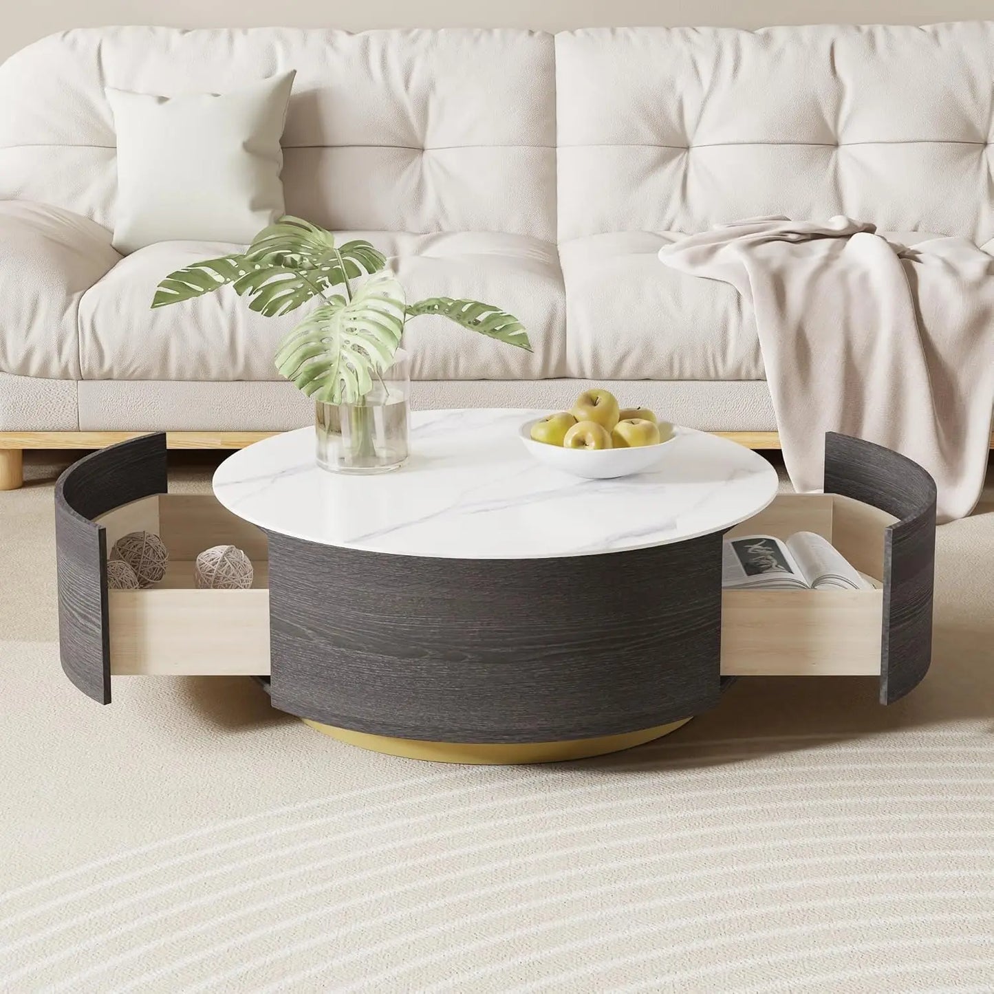 Modern Round Marble Coffee Table with Drawers and Sintered Stone Top