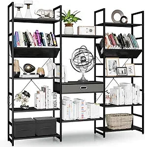 Triple Wide 5 Tier Bookshelf Rustic Industrial Style