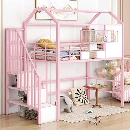 DAFIFY Loft Bed With Stairs And Roof For Kids Sturdy Metal