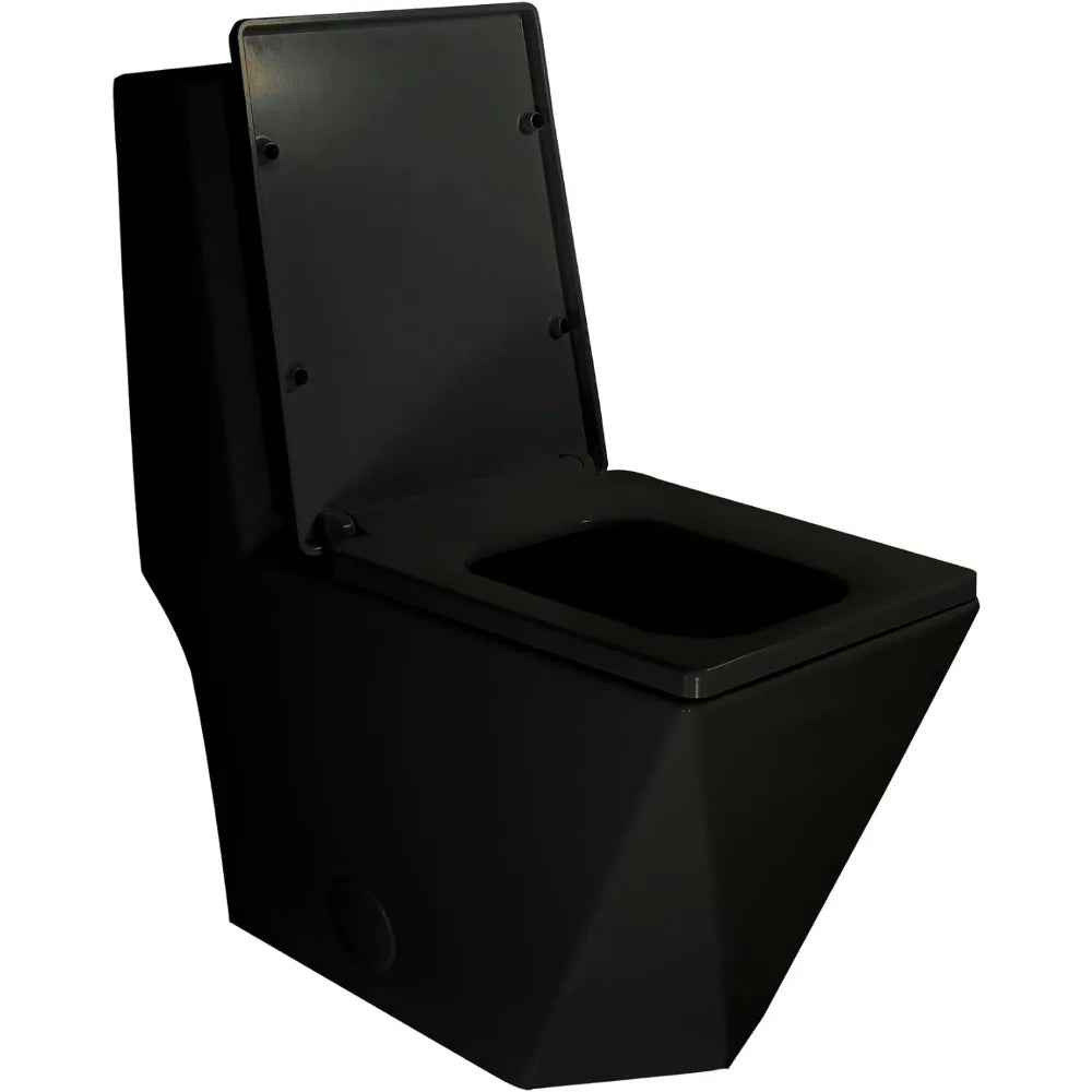 Modern Black One Piece Square Toilet with Gold Button and Diamond Design
